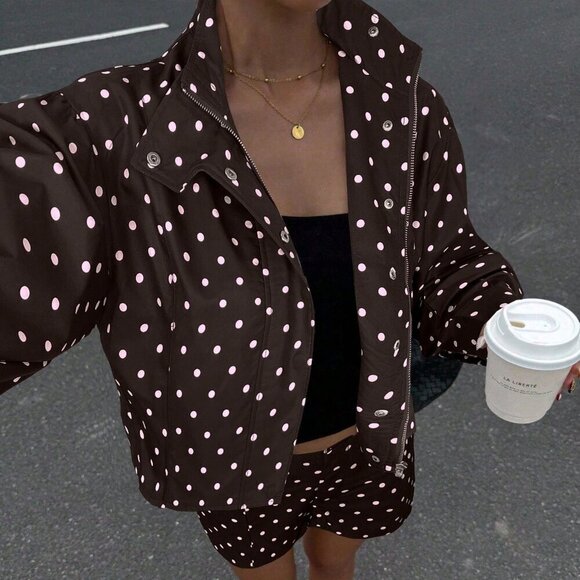 Jackets & Blazers - Casual Women's Polka Dot Print Long Sleeve Zip-Up Jacket & shorts set